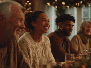 Supportive family enjoying a holiday meal together, emphasizing connection and emotional support during MAT recovery.