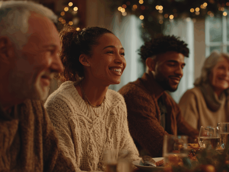 Supportive family enjoying a holiday meal together, emphasizing connection and emotional support during MAT recovery.