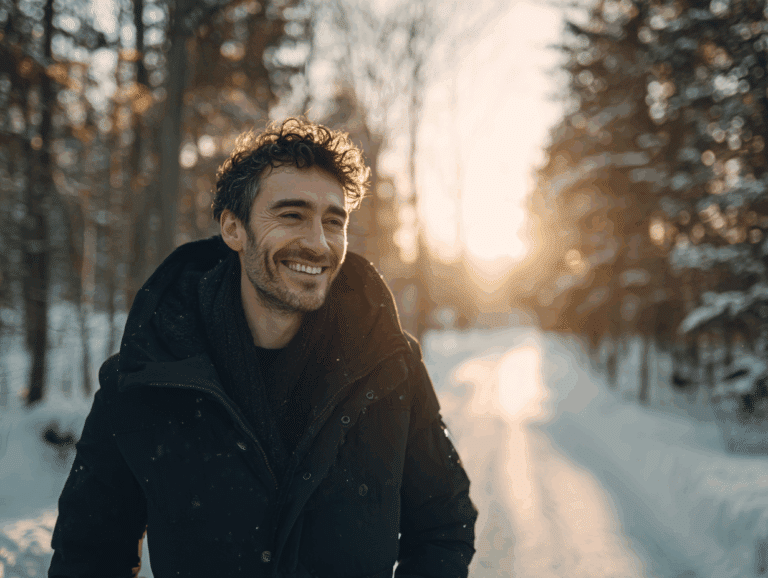 Person standing in winter sunlight, smiling with hands in pockets—symbolizing a fresh start to treatment and recovery